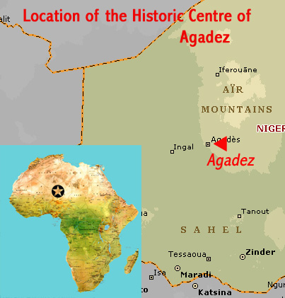 Map showing the location of Agadez world heritage site, in Niger